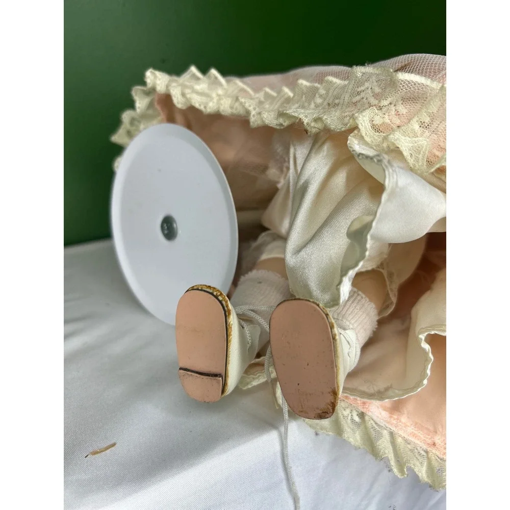 Vintage Porcelain Collector Doll Peach Lace Victorian Dress Auburn Hair Green